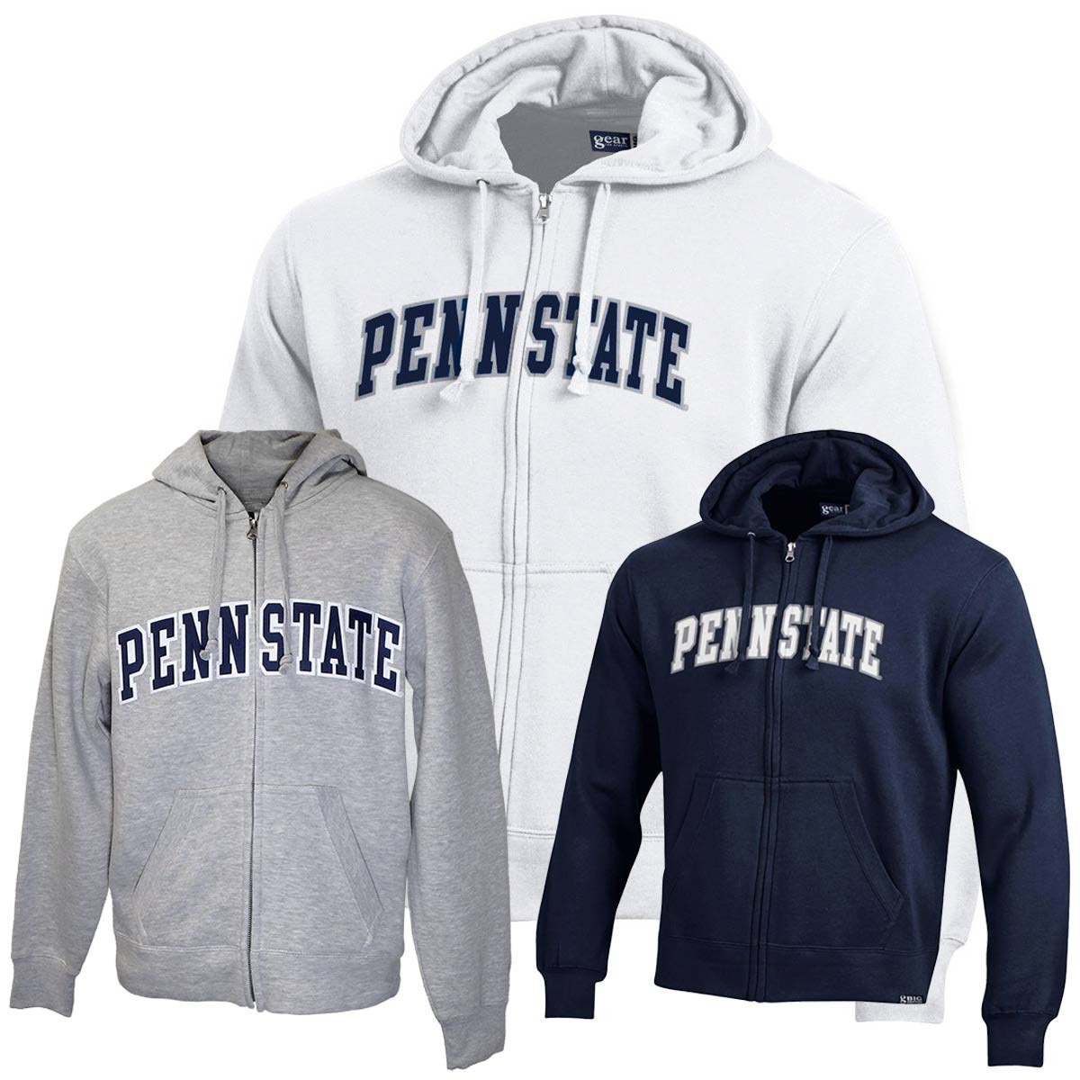 Oxford, navy, and white full zip hooded sweatshirts with twill arched Penn State
